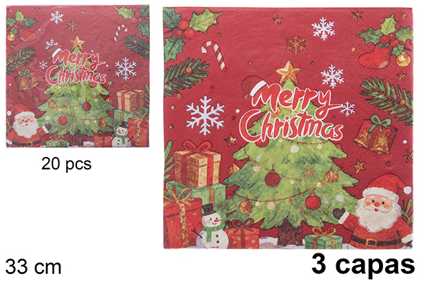 Pack 20 servilletas 3 capas decoradas arbol de  Navidad  fondo rojo navida 33 cm