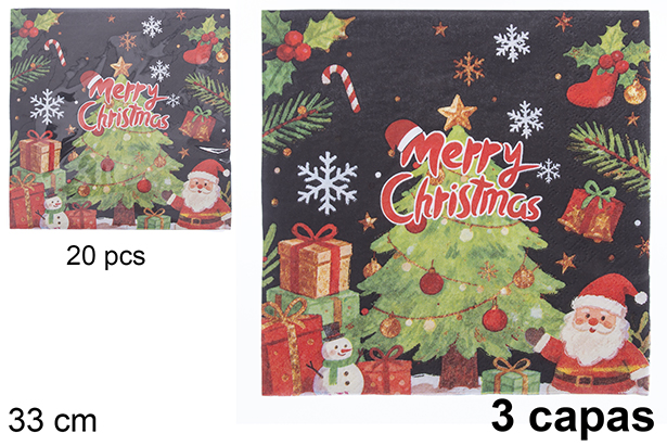 Conjunto de 20 guardanapos de 3 camadas decorados com uma árvore de Natal em fundo preto 33 cm