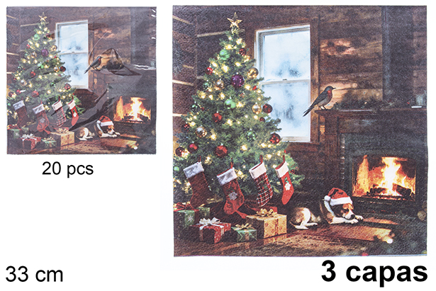 Pack 20 servilletas 3 capas decoradas chimenea  Navidad  33 cm