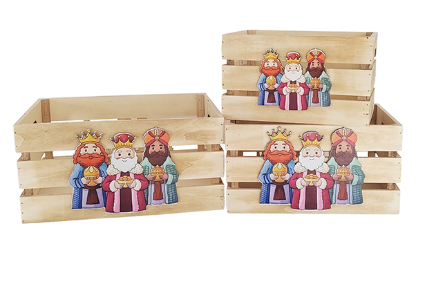 Pack 3 cajas madera natural decorada reyes magos 32x24.5x16 cm