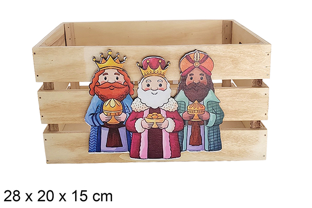 Caja madera natural decorada reyes magos 28x20x15cm 