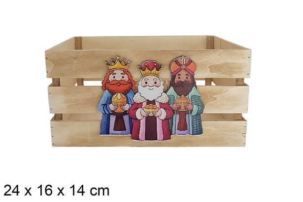 Caja madera natural decorada reyes magos 24x16x14cm