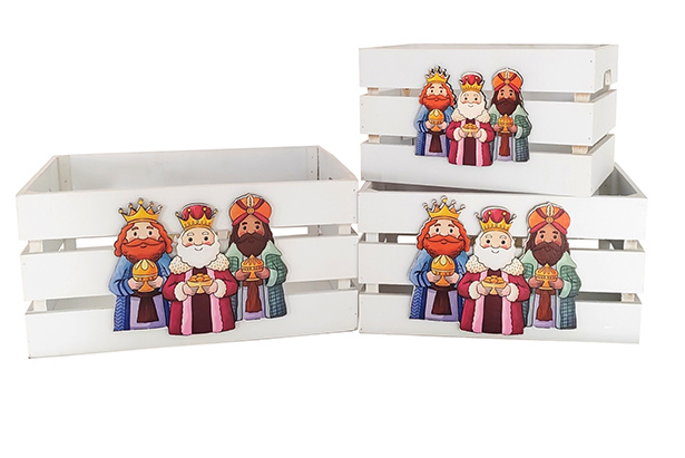 Pack 3 cajas madera blanca decorada reyes magos 32x24.5x16 cm