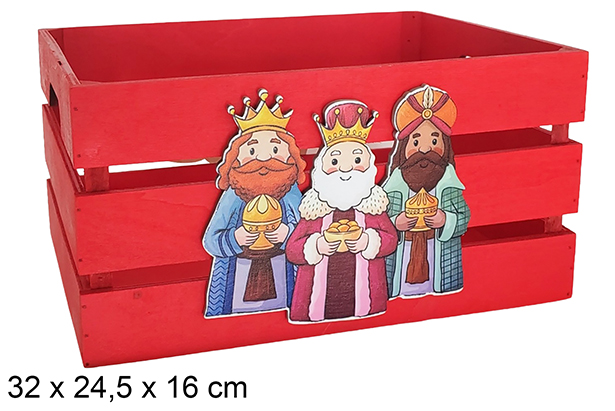 Caixa de madeira vermelha decorada com os Três Reis Magos 32x24,5x16cm