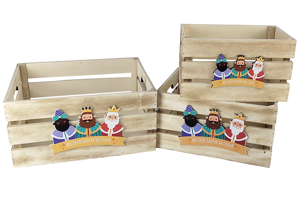 Pack  3 natural wood boxes decorated with the Three Wise Men adoration 32x24.5x16 cm