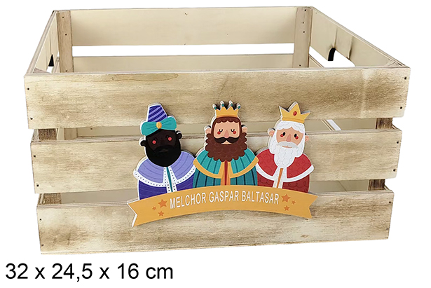 Caixa de madeira natural decorada com a representação dos Três Reis Magos 32x24,5x16 cm