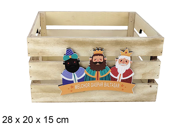 Boîte en bois naturel décorée de l'adoration des Rois mages, 28 x 20 x 15 cm