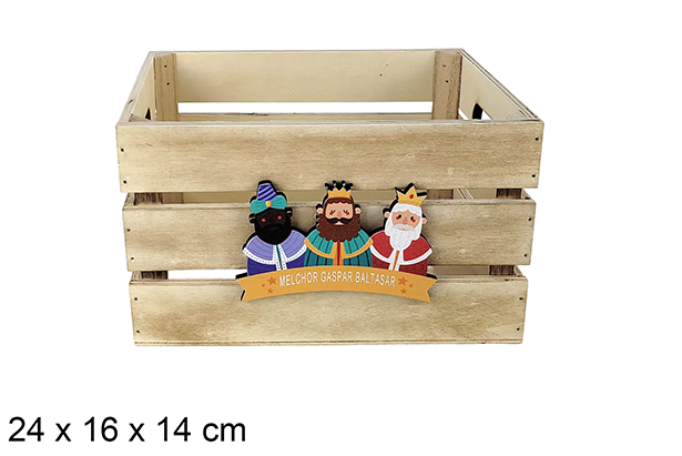 Boîte en bois naturel décorée de l'adoration des Rois mages, 24 x 16 x 14 cm