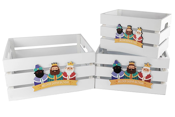 Pack 3 caixas de madeira branca decoradas com a representação dos Três Reis Magos, 32x24,5x16 cm