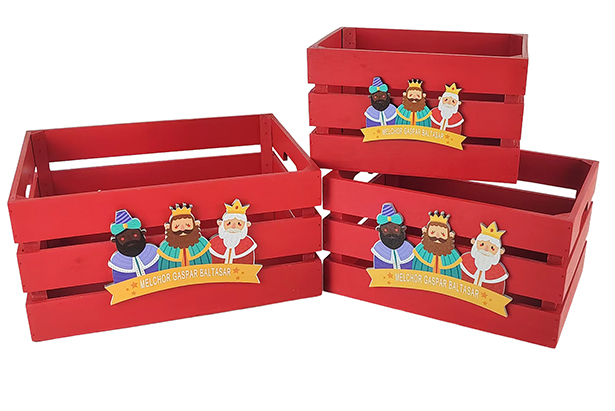 Pack 3 scatole di legno rosse decorate con adorazione dei Re Magi, 32x24,5x16 cm