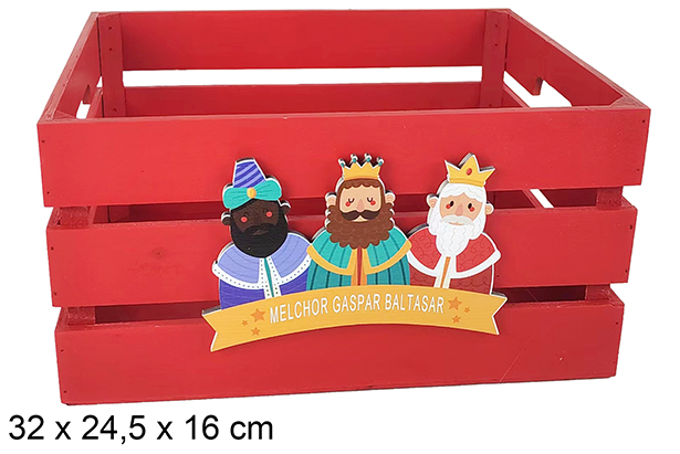Caixa de madeira vermelha decorada com a representação dos Três Reis Magos  32x24.5x16 cm