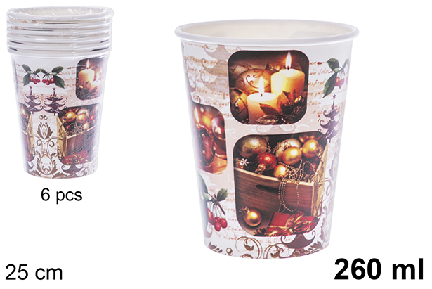 Pack 6 vasos papel decorado bolas Navidad 260 ml