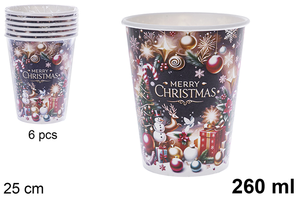 Pack 6 vasos papel decorado objetos de Navidad 260 ml 