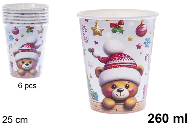 Pack 6 gobelets en papier décorés de boules de Noël, 260 ml