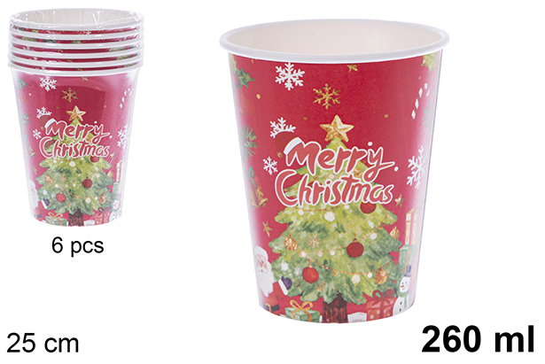 Pack 6 gobelets en papier décorés d'un sapin de Noël sur fond rouge, 260 ml