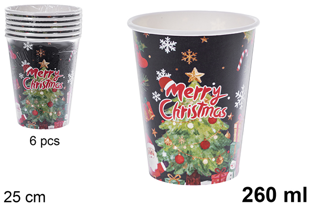Pack 6 vasos papel decorado arbol de Navidad fondo negro Navidad 260 ml