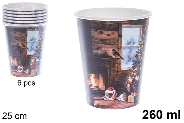 Pack 6 vasos papel decorado chimenea Navidad 260 ml