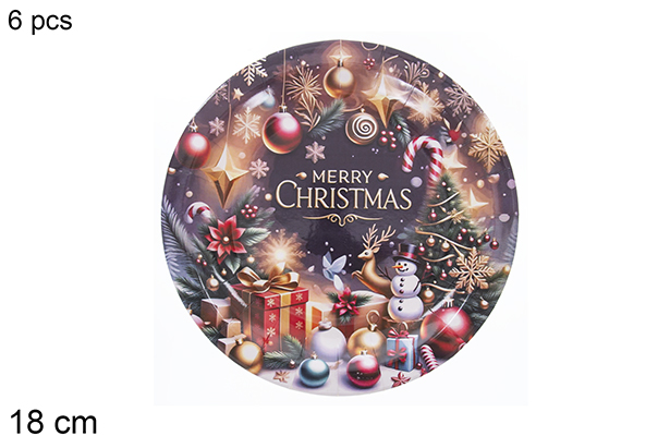 Pack 6 piatti di carta decorati con oggetti natalizi, 18 cm