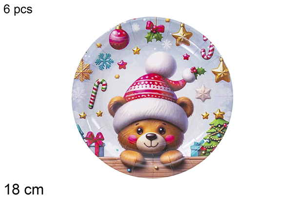 Pack 6 platos papel decorado oso Navidad 18 cm