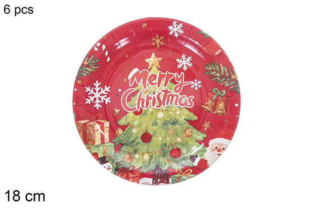 Pack 6 platos papel decorado arbol de Navidad fondo rojo navida 18 cm