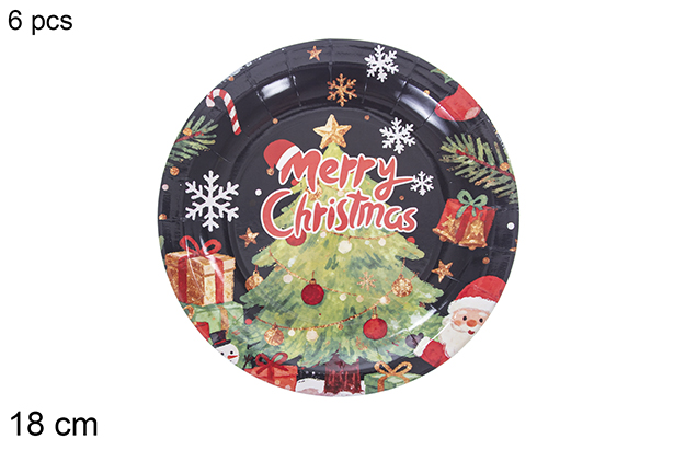 Pack 6 piatti di carta decorati con un albero di Natale su sfondo nero, 18 cm
