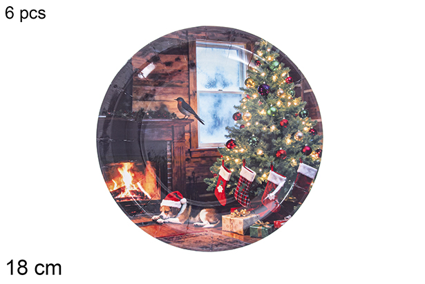 Pack 6 platos papel decorado chimenea navidad 18 cm
