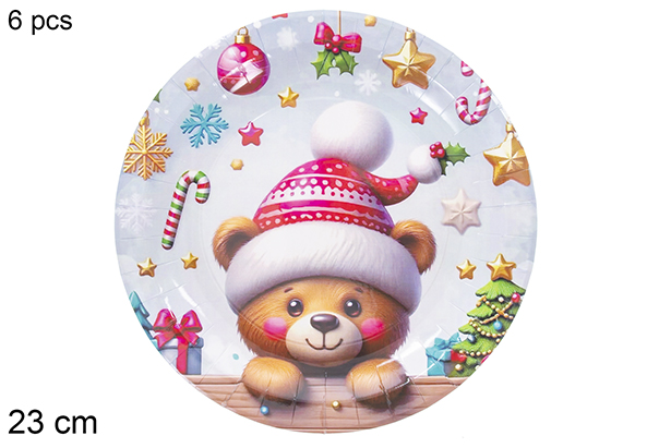 Pack 6 assiettes en carton décorées d'un ours de Noël 23 cm