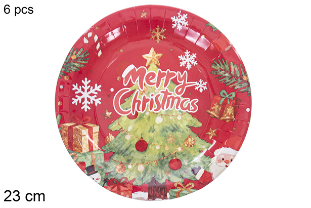 Pack 6 paper plates decorated with a Christmas tree on a red background 23 cm