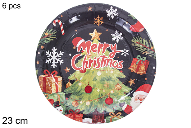 Pack 6 platos papel decorado arbol de Navidad fondo negro navidad 23 cm
