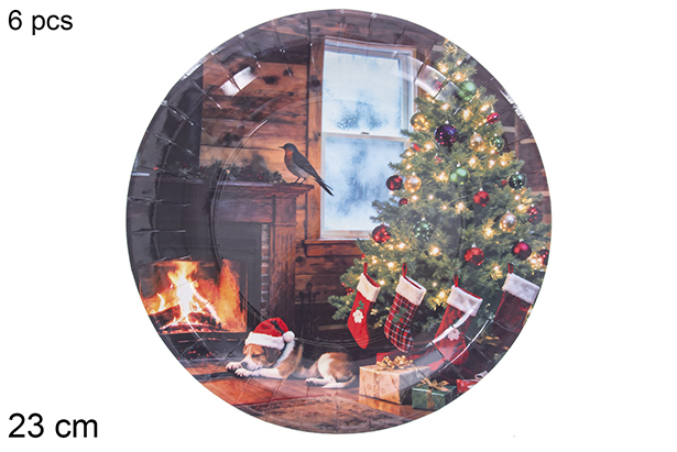 Pack 6 paper plates decorated with a fireplace, Christmas design 23 cm  
