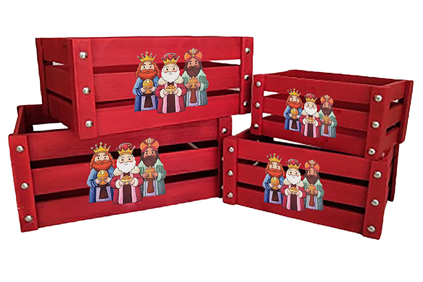 Pack 4 cajas madera roja decorada reyes magos adoración 41x31x20 cm