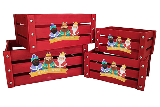 Pack 4 cajas madera roja decorada reyes magos adoración 41x31x20 cm