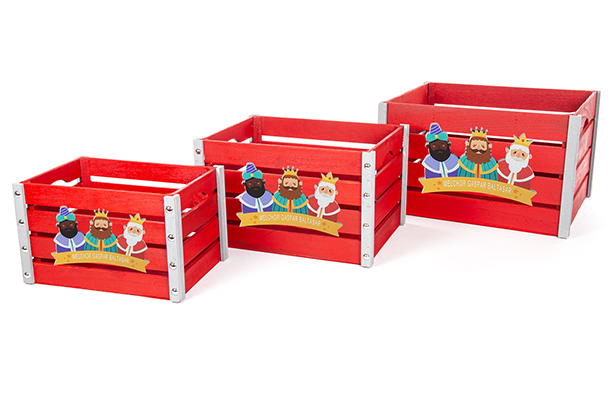 Pack 4 cajas madera roja decorada reyes magos adoración 46x36x27 cm