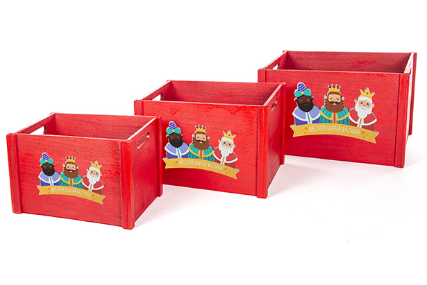 Pack 4 red wooden boxes decorated with the Three Wise Men adoration 46x36x27 cm