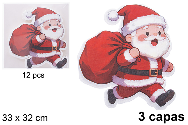 Pack 12 servilletas 3 capas con forma Papa noel con saco 33x32 cm
