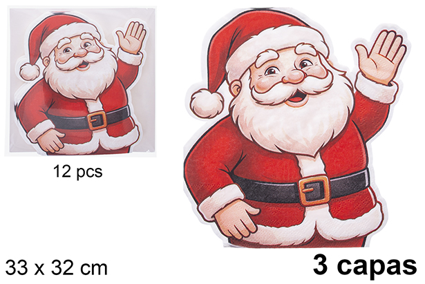 Pack 12 serviettes de table 3 plis en forme de Père Noël 33 x 32 cm