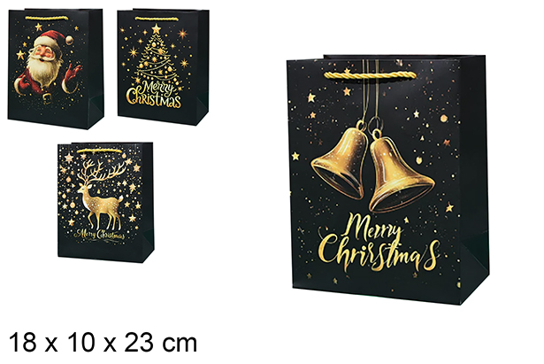 Sacola de presente de Natal preta decorada, 18x10x23 cm (S)