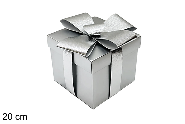 Caja regalo Navidad plata con lazo 20 cm
