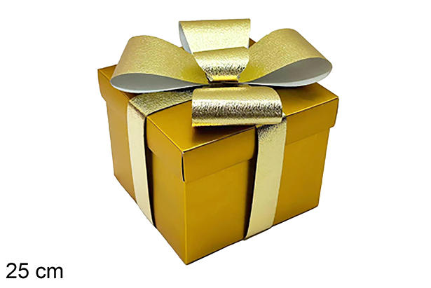 Caja regalo Navidad oro con lazo 25 cm
