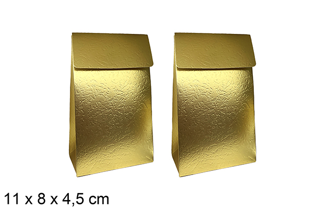 Conjunto de 2 sacolas de presente douradas de Natal, medindo 11x8x4,5 cm.