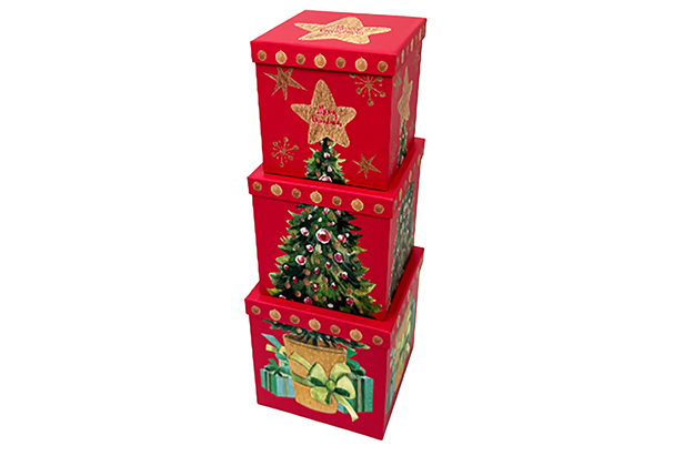 Pack 3 cajas cartón Navidad decorada 18x18x18 cm