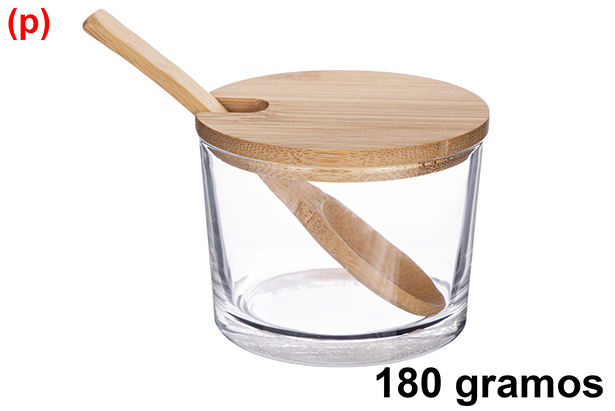 Açucareiro de cristal com alça com tampa de bambu e colher 180 gramas