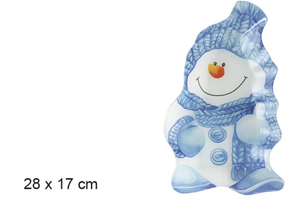 [101257] Plateau en verre en forme de bonhomme de neige bleu de Noël 28x17 cm