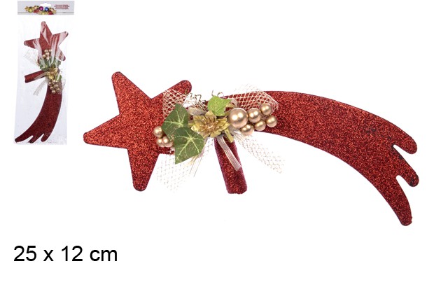 Punta albero stella cadente glitter rossa 25x12 cm