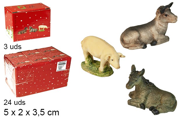 Pack 3 animales: cerdo, vaca, burro 5 cm