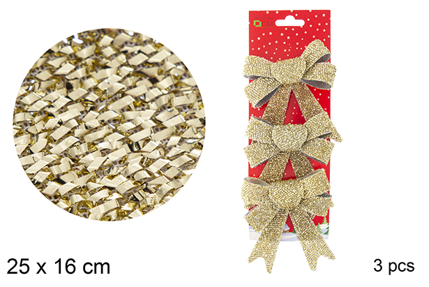 Pack 3 laços ouro com flocos de neve 25x16 cm