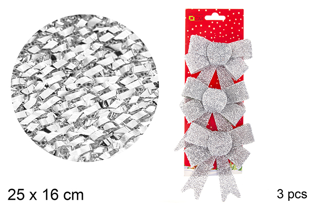 Pack 3 lazos copos de nieve plata 25x16 cm