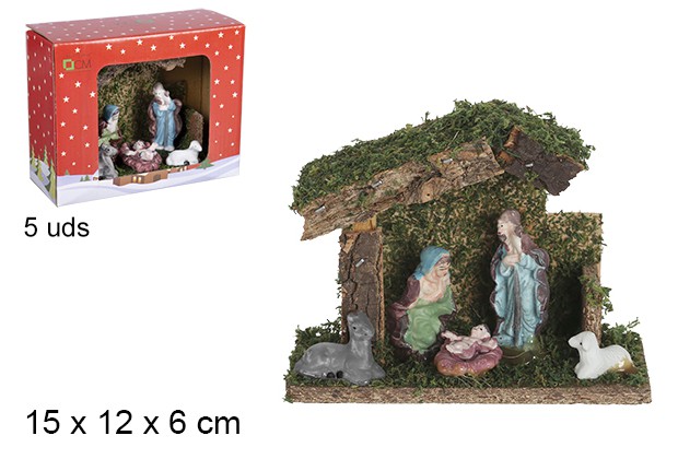 Nacimiento 5 piezas pesebre madera 15x12x6 cm