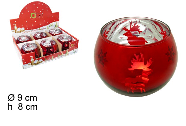 Red glass candle holder deer 9 cm