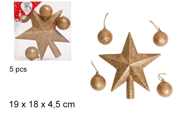 Pointe d'arbre étoilé + 4 boules pailletées dorées